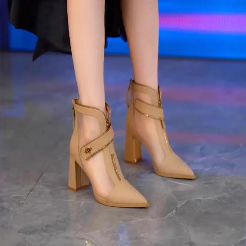 Fashion Shoes Female 2025 High Quality Pointed Toe Women's Boots Fashion Mesh Breathable Shoes Women New Best Seller Zipper Sandal Boots