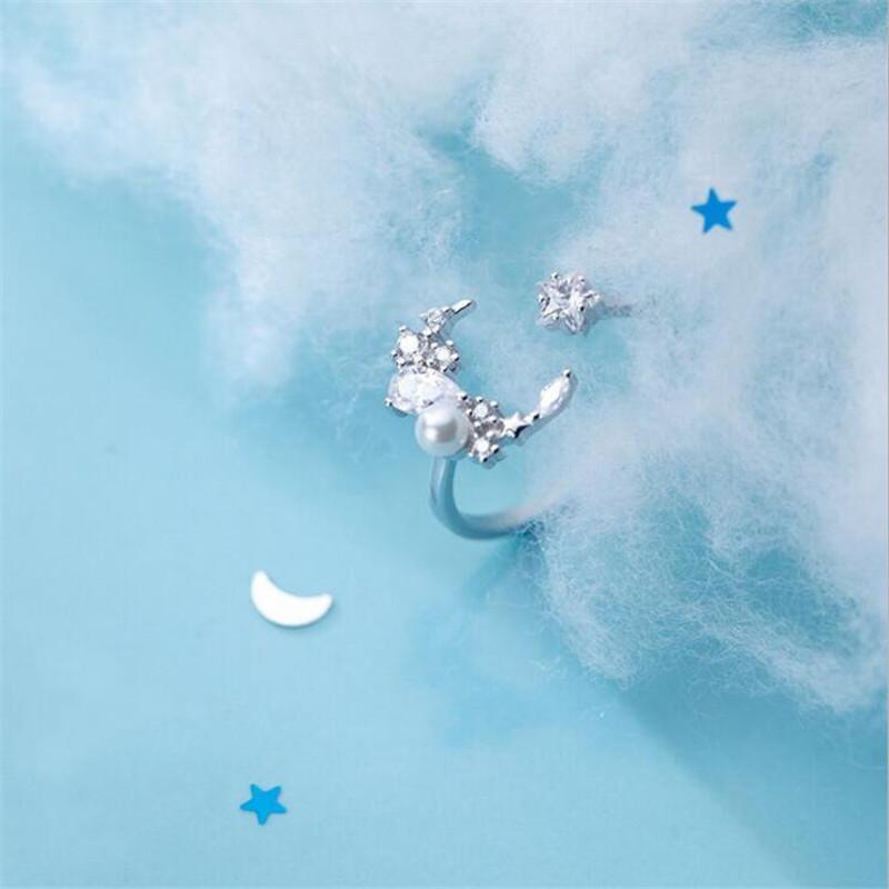 New Fashion Crystal Star Pearl 925 Sterling Silver Jewelry Temperament Personality Moon Sweet Opening Rings TYB069