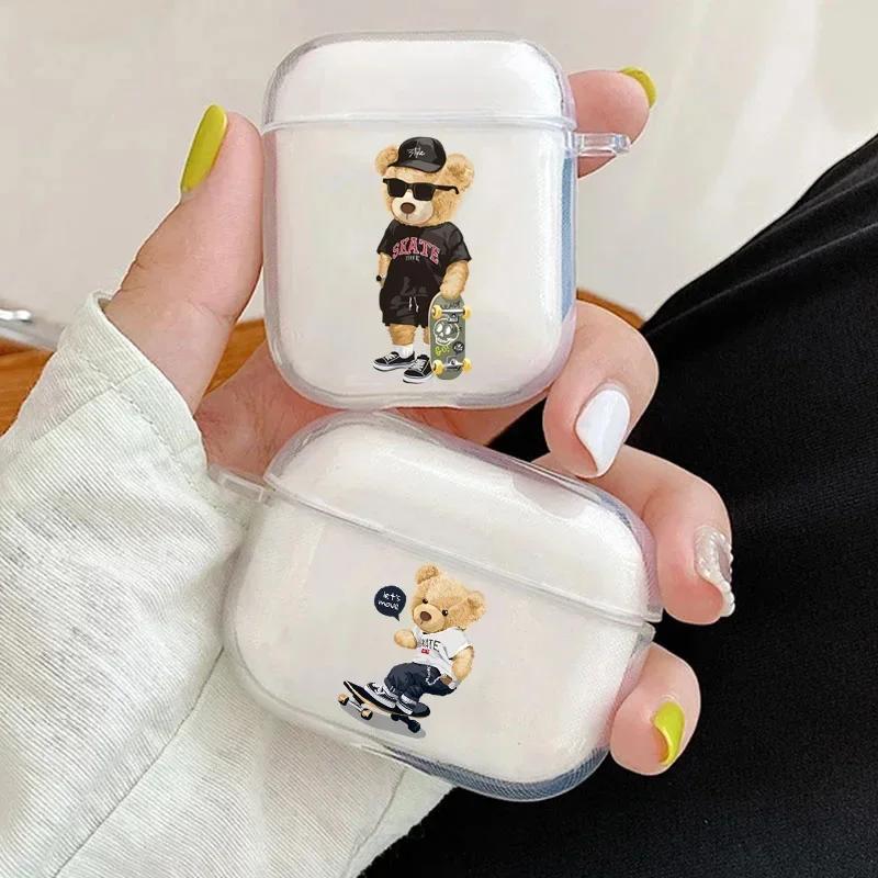 Teddy Bear Earphone Case For Apple AirPods 4 3 2 1 Clear Protective Funny Cartoon Animal Transparent Cover For AirPods Pro2 Case