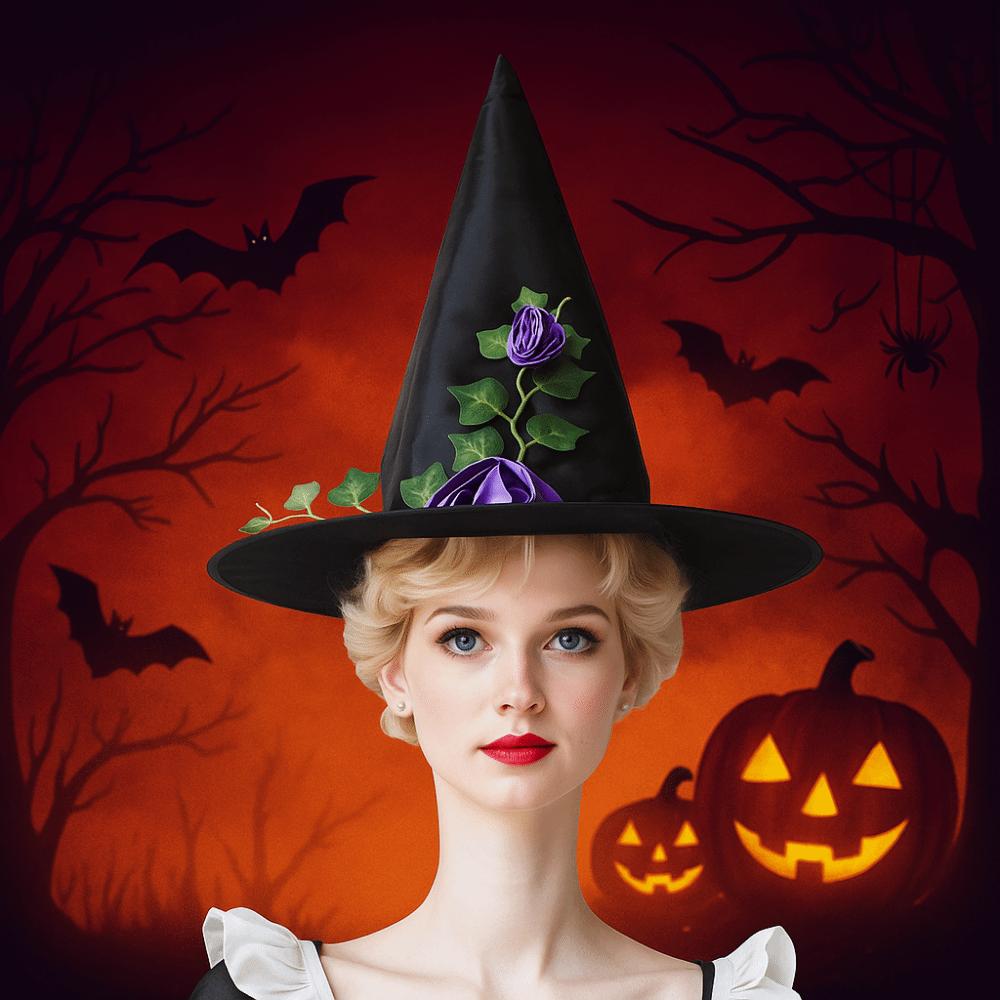 Foldable Flower Wizard Cap Rose Feather Halloween Cap Funny Halloween Witch Hat  Women