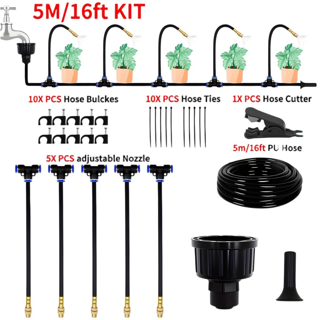 5M 16ft Automatic Drip Irrigation Kit with Adjustable Spray Nozzles Hose Clips and Cutter for Garden Plant Watering System