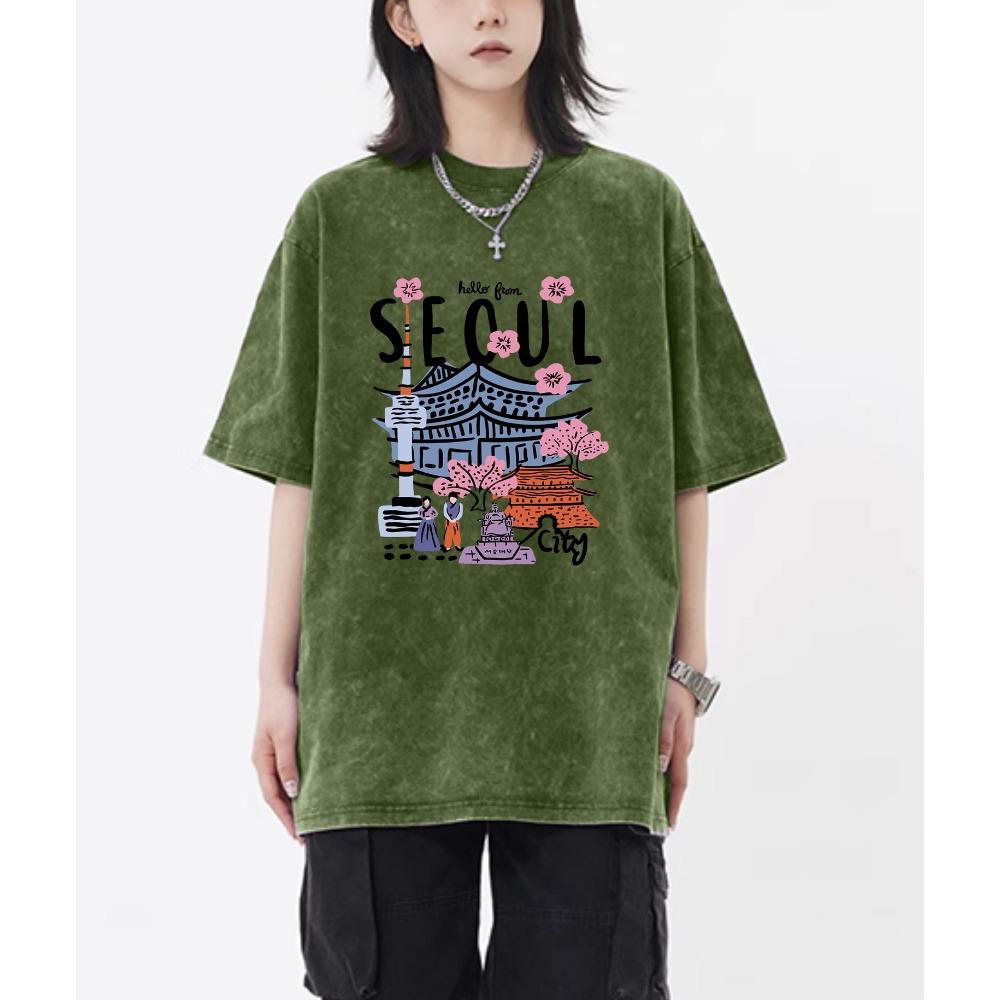 Seoul Beautiful Scenery Printed Washed T-Shirt Female Breathable Cotton Cool Tee Shirt Summer Snow Wash Clothing