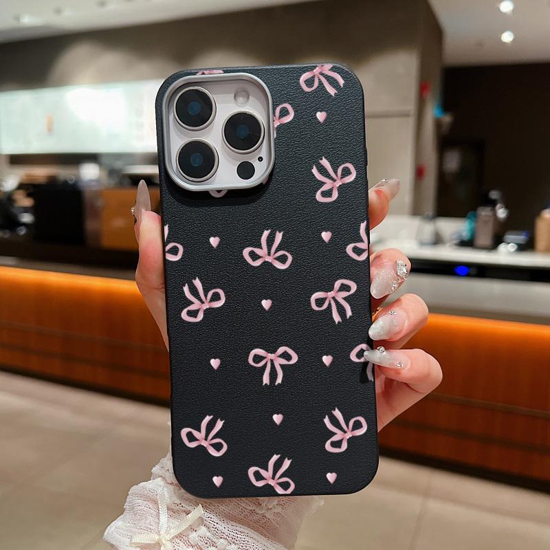 Cute Pink Bow Pattern Phone Case For iPhone 16 15 14 Pro Max 14 Plus 13 12 Pro 11 Shockproof Leather Texture TPU Silicone Cover