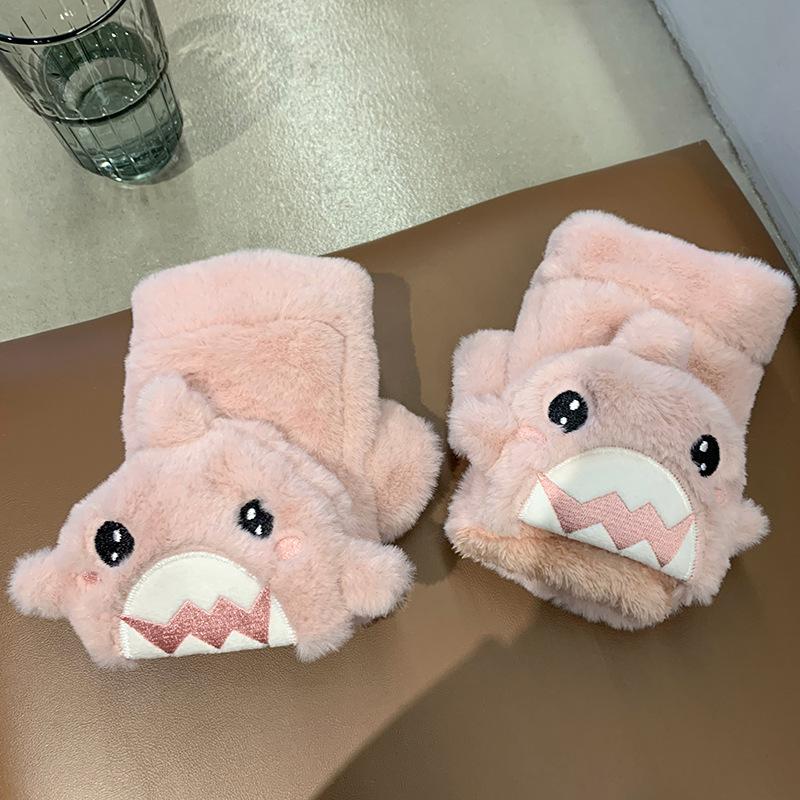 Gloves for Women In Winter Cute Shark Half Finger Plush Thickened Flip Student Fingers To Prevent Cold  Men Keep Warm and Velvet
