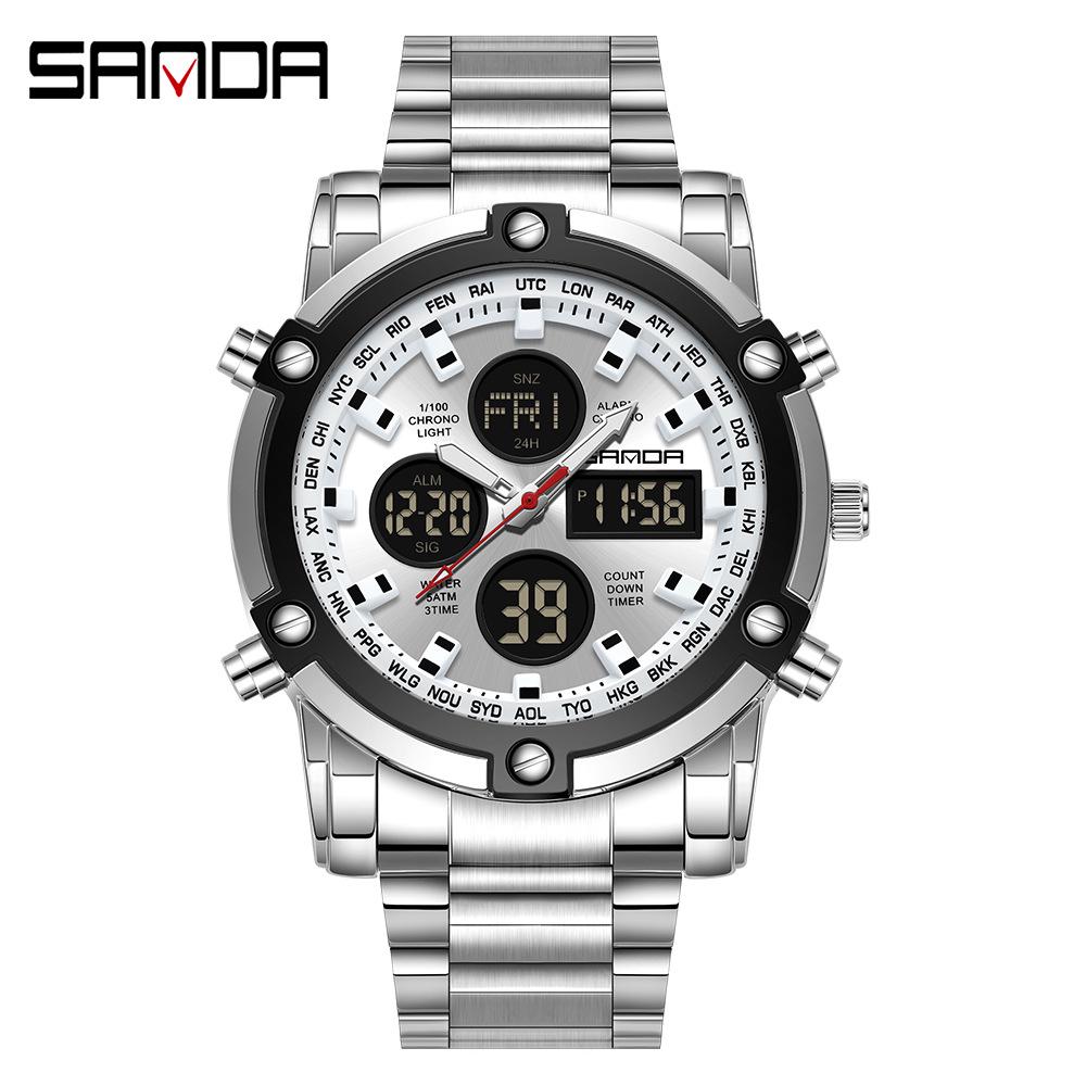 Sanda Men's Multifunctional Large Dial Steel Strap Waterproof Watch with Three Time Zones for Outdoor Sports - Model 3394