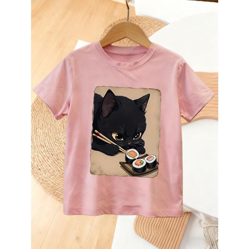 European Size Childrens Crew-neck Short-sleeved T-shirt with Black Cat Eating Sushi Pattern Print