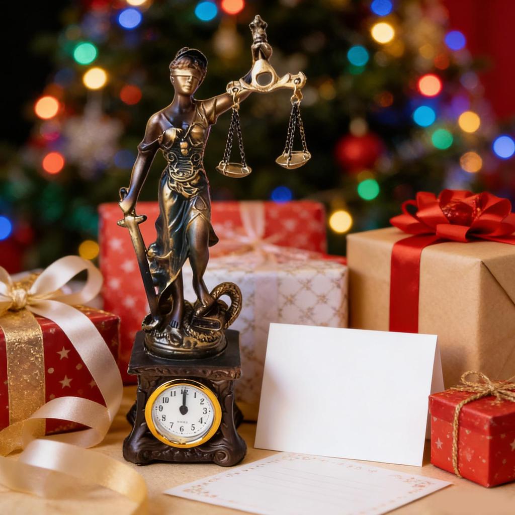 Lady Justice Statue Harzfigur Ornament Mit Uhr Waage der Gerechtigkeit Skulptur Für Zuhause Büro Arbeitszimmer Wohnzimmer Schlafzimmer