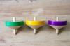 Traditional wooden colored throwing set of 3 toy, tops, (green, yellow, purple)