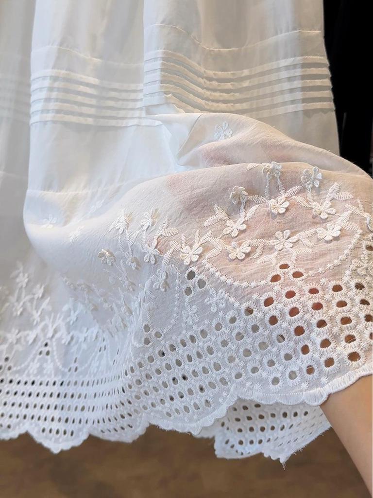 French White Embroidered Lace Mid-Length Umbrella Skirt for Women