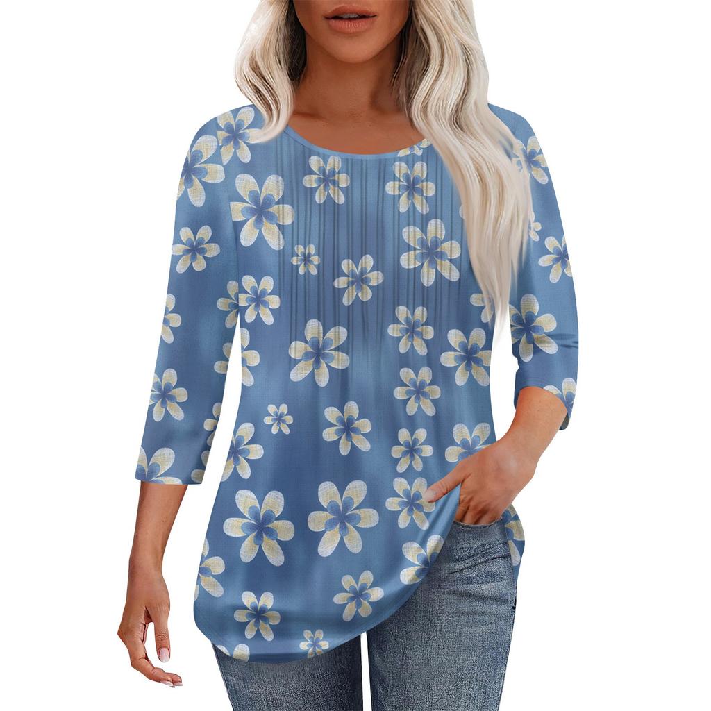 Damska Modna Codzienna Plisowana Koszulka Top z Okrągłym Dekoltem i Rękawami Siedem Ósmych