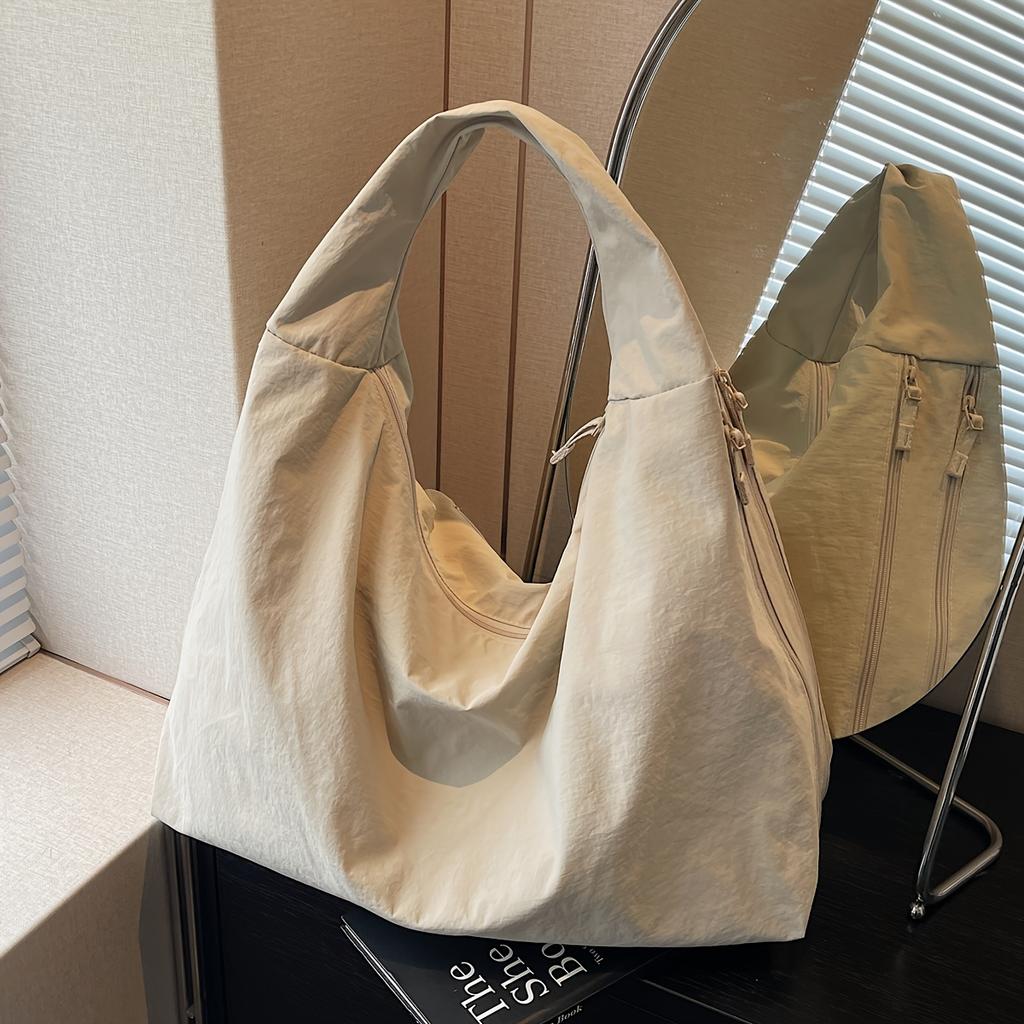 Chic Solid Color Nyl Tote Bag with Multiple Zipper Pockets, Casual Handbag Shoulder Bags for Women College, Work, Everyday Us