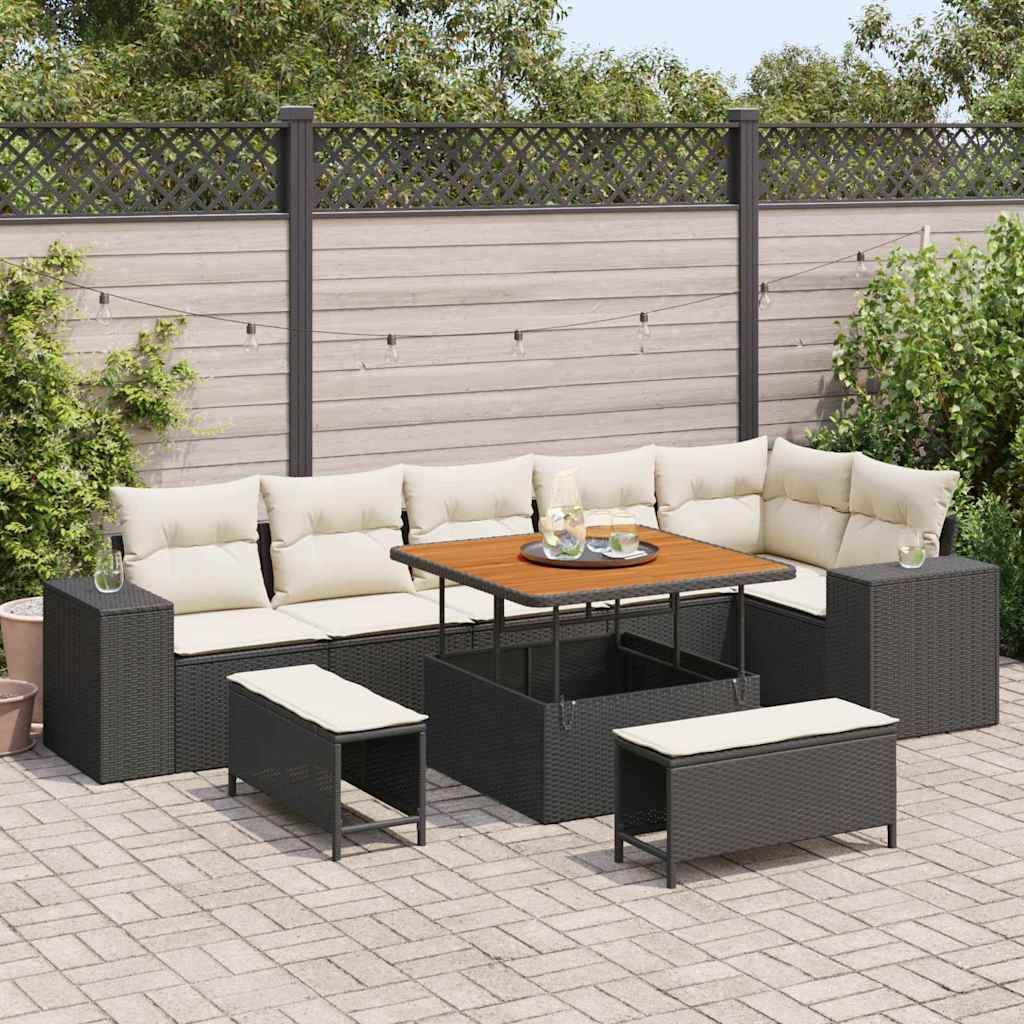 Garden Sofa Set with Cushions 9 pcs Black Poly Rattan