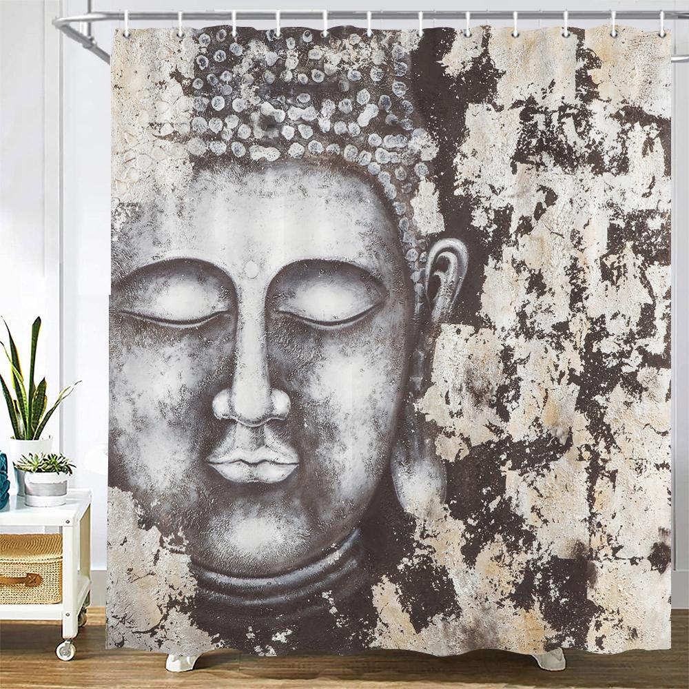 Bathroom Shower Curtains Buddha Statue Polyester Bath Screens Home Decor Waterproof Fabric Hooks Curtain Made Of Washable Washroom Ready