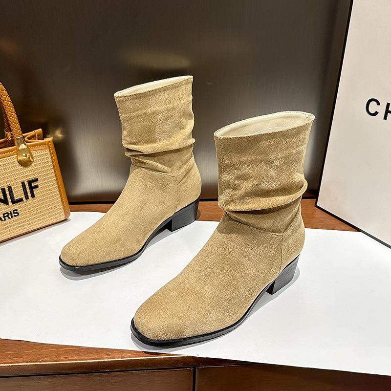 Inner heightening pleated boots women's new retro pointed western cowboy boots casual versatile sleeve knight short boots