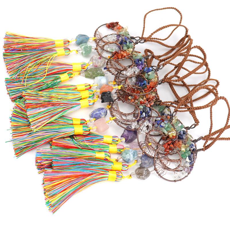 Woven Natural Gravel Crystal Rough Stone Life Tree Fringed Pendant Car Rearview Mirror Pendant Bag Decoration G16