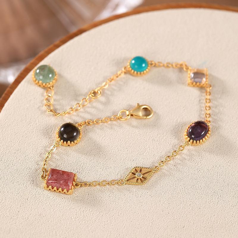 Natural Strawberry Quartz S925 Sterling Silver Fashion Simple Retro Trend Amazonite Goddess Matching Ladies Bracelet