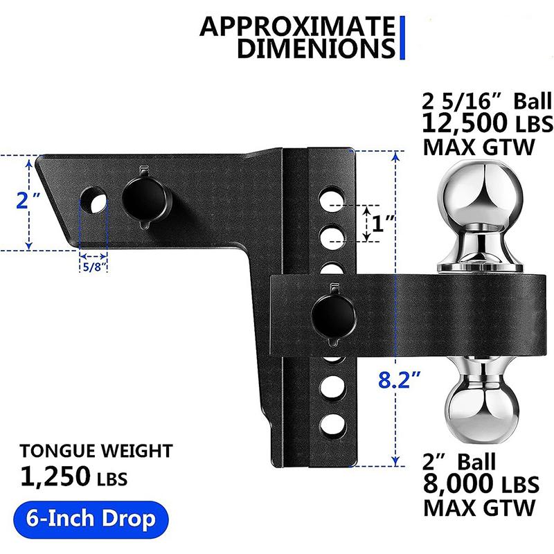 Adjustable Trailer Truck Drop Hitch Fits 2 Inch Receiver 6 Inch Drop Dual Ball Mount 2" and 2-5/16" Heavy Duty Aluminum Towing