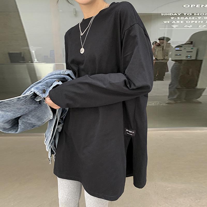 Autumn 2026 Women s Korean Solid Long-Sleeve Split T-Shirt - Trendy Western Style 2XL чёрный