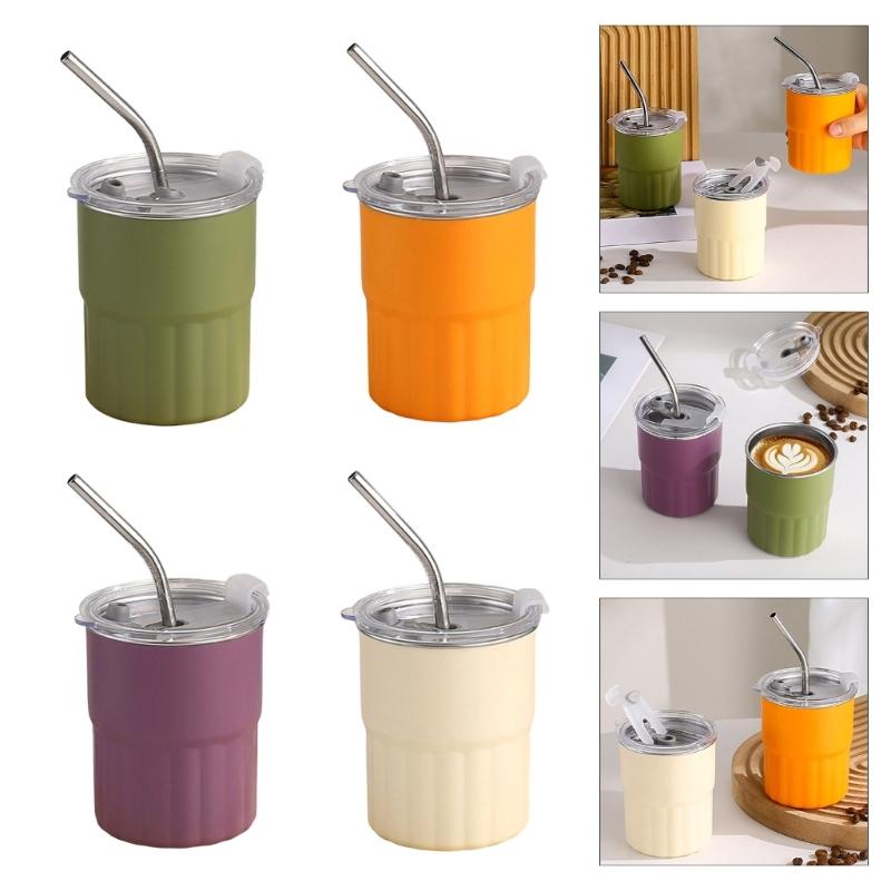 2pcs 304 Stainless Steel Cups Stackable Metal Cold Water Glasses Double Walled Drinking Cup with Straw and Lid