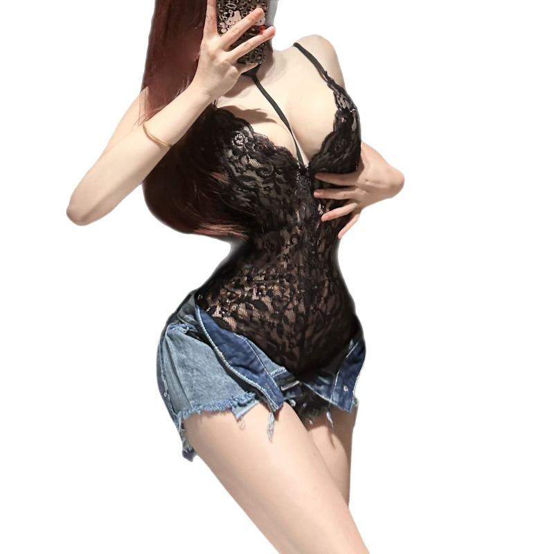 Sexy lingerie sexy lace pure desire neck sling deep one-piece mood pajamas buttocks uniform temptation