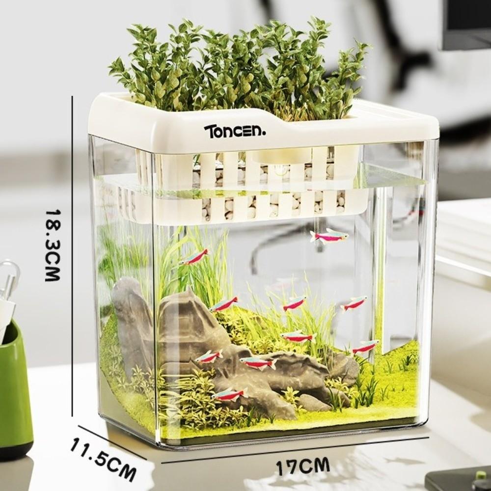 Nytt 2-i-1 Akvarium med Lokk og Lys Gjennomsiktig Fiskekar Multifunksjonell PET ABS Hydroponisk Tank Hjemmebruk