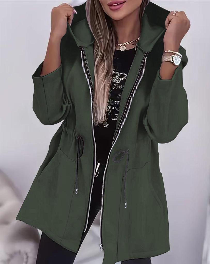 European & American Women's Fashion Zipper Hooded Mid-Length Jacket with Cinched Waist