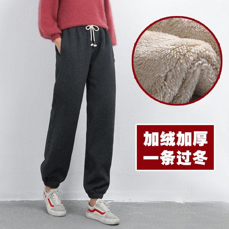 Lamb Wool Autumn and Winter Fleece Thickened Sweatpants Women's Harlan Pants Loose Large Size Thermal Casual Pants Belt