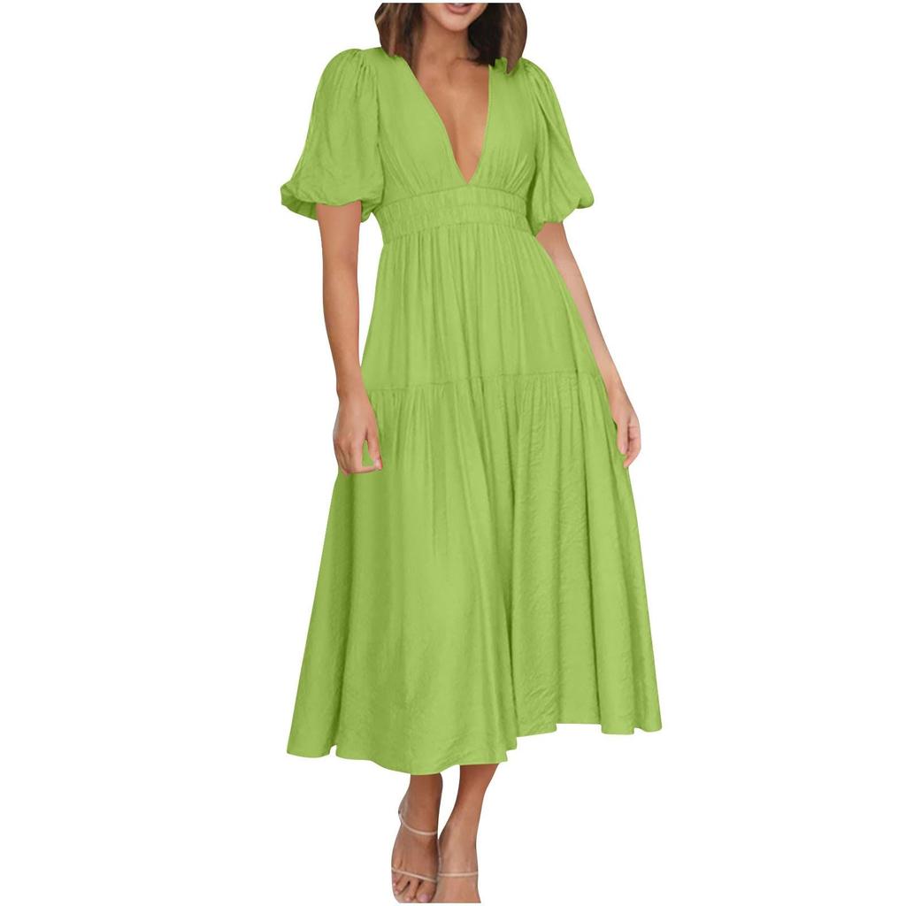 Puff Sleeve Vacation Dress For Women Summer Deep V Neck Casual Short Sleeve A-Line Maxi Dresses