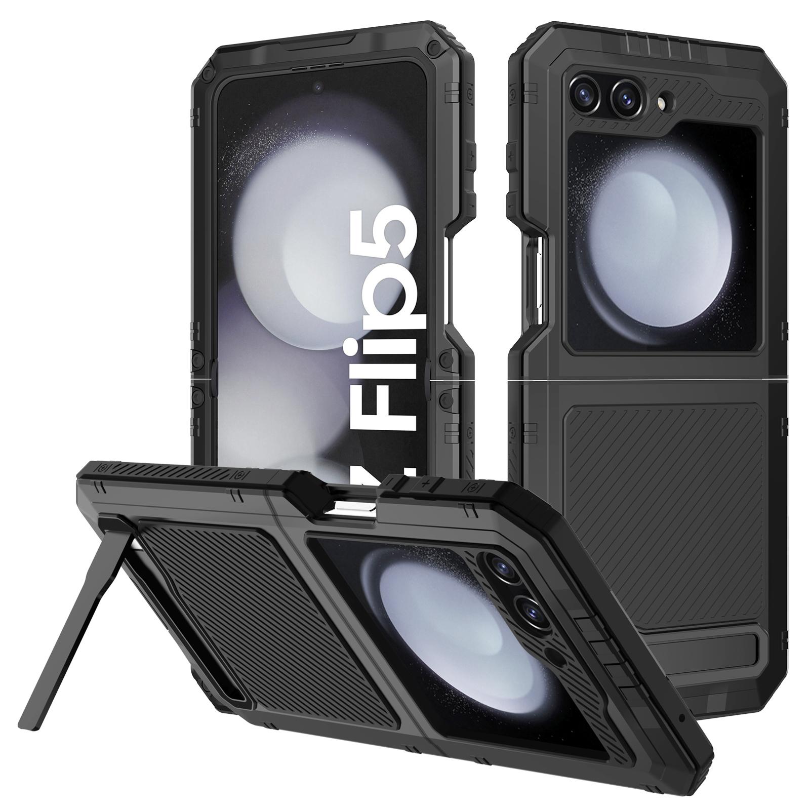 

Противоударный чехол для Samsung Galaxy Z Flip5 5G из алюминиевого сплава + силикона с подставкой, чехол для телефона Black