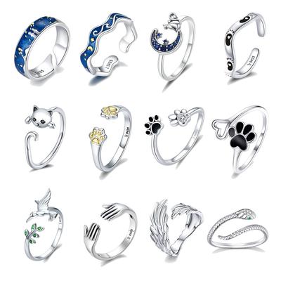S925 Silver Open Ring Collection Picture Wing Paw Print Adjustable Ring Ring