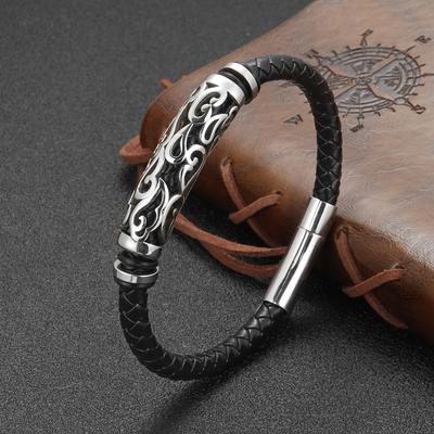 Pulsera de Acero Inoxidable Vintage Calada Grabada en Cuero para Hombre Tejida de Acero de Titanio Pulsera Vikinga