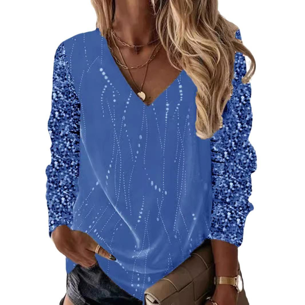 

Женский весенне-осенний пуловер с длинным рукавом, V-образным вырезом, свободного кроя, с пайетками XXXL