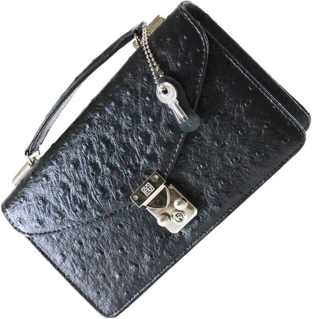 Bercute Men's Black Long Wallet, Genuine Leather, Large Capacity, Ostrich Leather Clutch Bag (1050873-F-003)