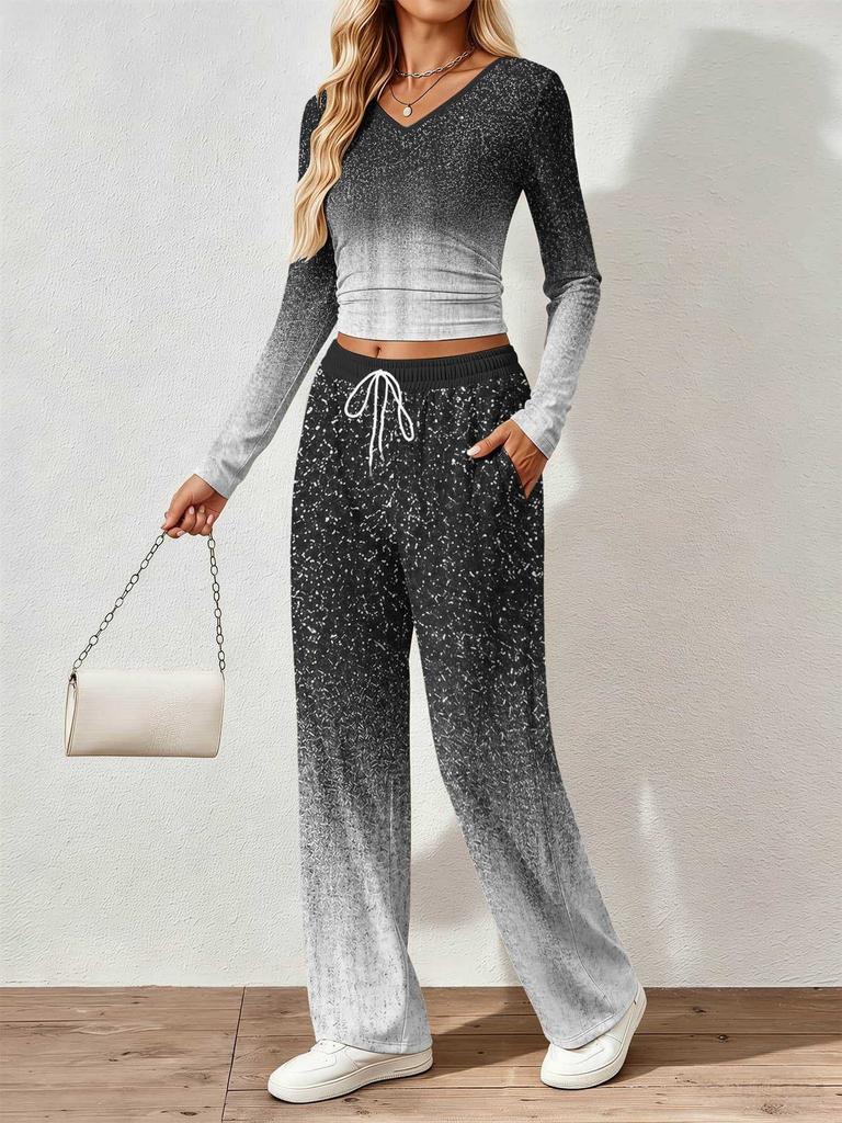 Spring and Autumn Ladies V-Neck Long Sleeve Pants Set Comfortable Casual Versatile Slim Two-piece Set