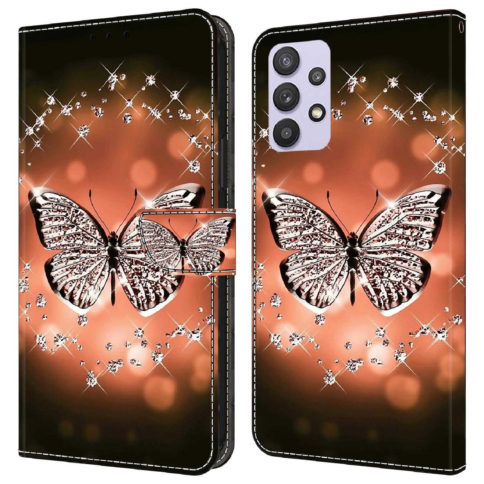 

For Samsung Galaxy A32 5G Leather Phone Case 3D Pattern Printing Stand Wallet Folio Cover Crystal Butterfly