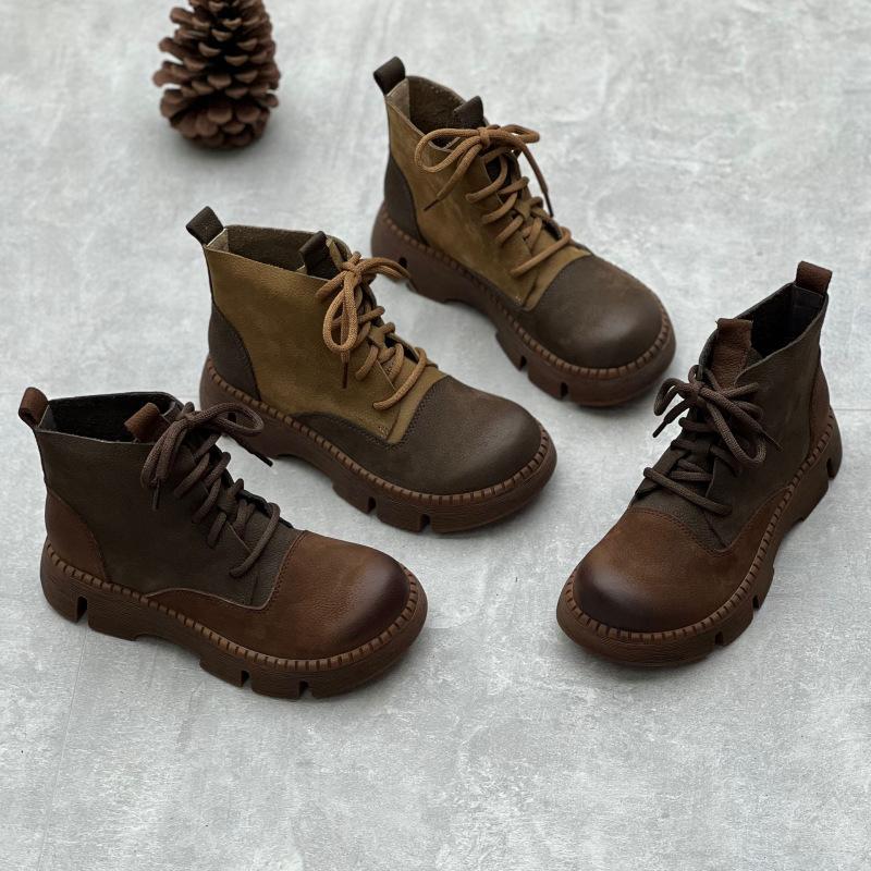 Johnature Vintage handgemachte echtes Leder dicke Sohle kurze Stiefel runde Spitze Schnür-Plattform-Schuhe