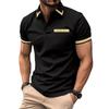 Men's Casual Polo Shirt Chest Pocket Fashion Matching Colour Lapel Peplum T-Shirt Black Top