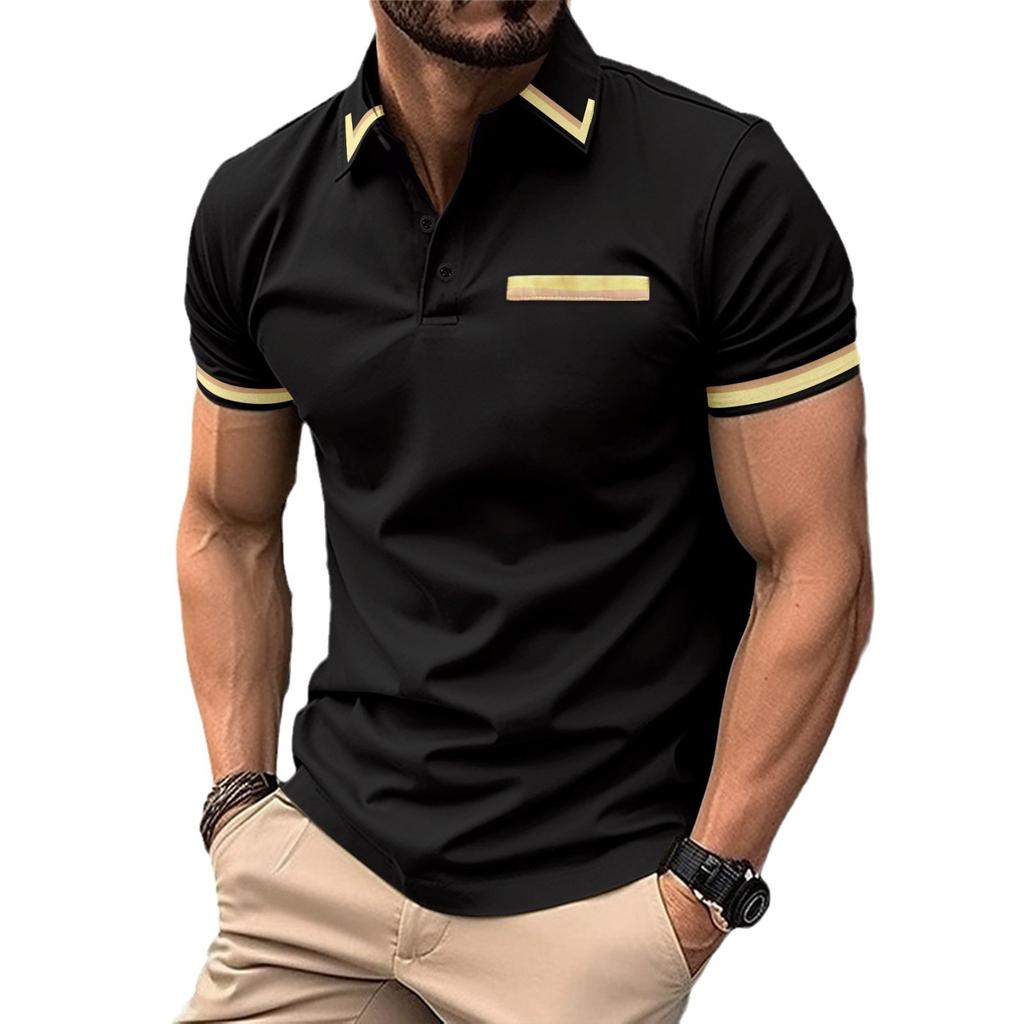 Men's Casual Polo Shirt Chest Pocket Fashion Matching Colour Lapel Peplum T-Shirt Black Top