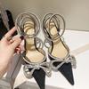 Ins style Glitter Crystal Women Pumps Sexy Ankle strap Rhinestones Bowknot Wedding High heels Summer Party Prom Shoes