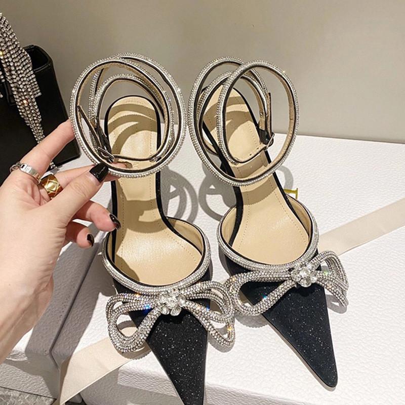 Ins style Glitter Crystal Women Pumps Sexy Ankle strap Rhinestones Bowknot Wedding High heels Summer Party Prom Shoes
