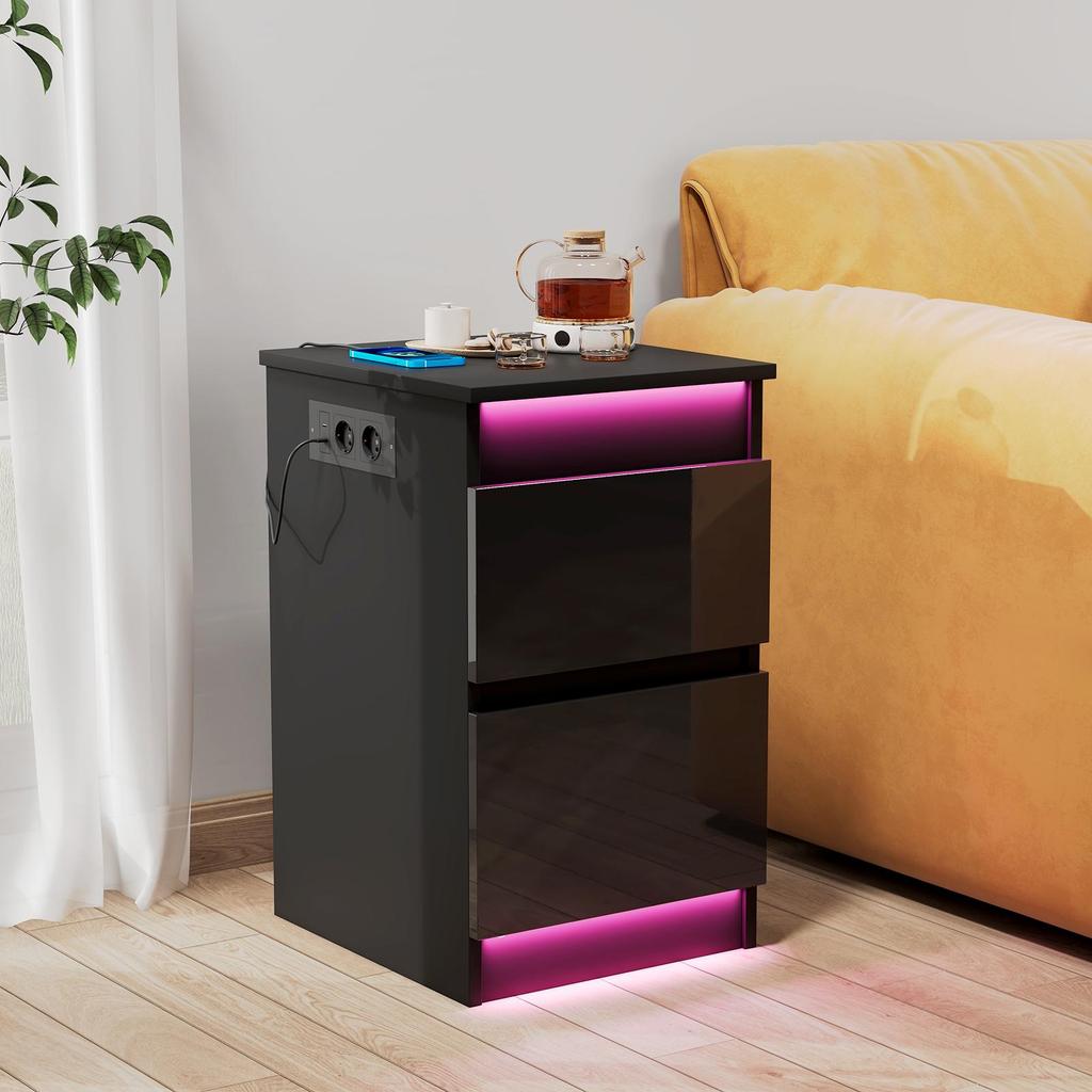 Zwart nachtkastje - nachtkastje met verlichting - dubbele lades - houten bijzettafel - geschikt voor de slaapkamer (35x40x60 cm)