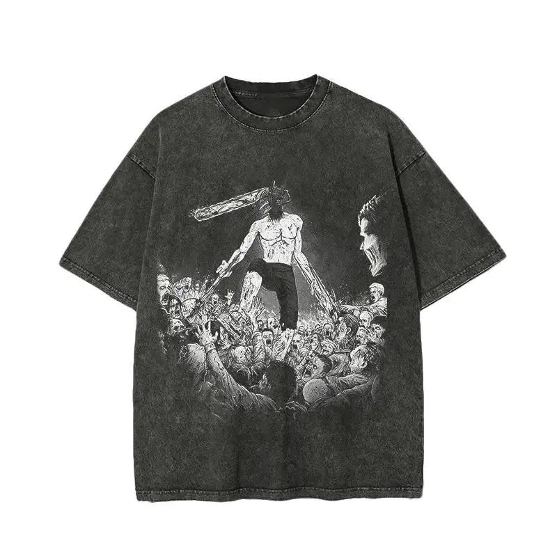 Denji Pochita Chainsaw Man Anime Clothing Men Short Sleeve T-shirts Retro Washed T Shirt Casual Cotton Tee Harajuku Male Tshirt