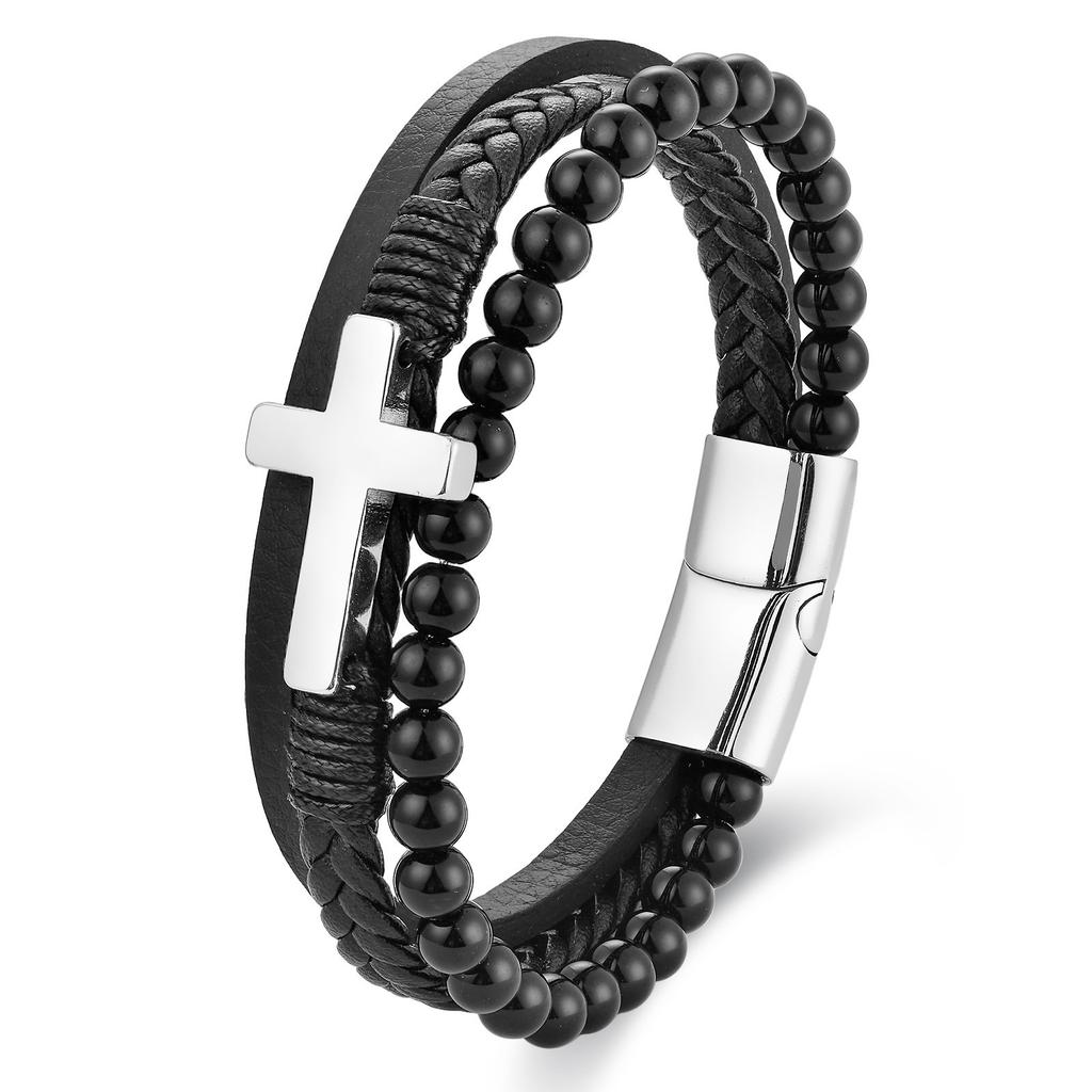 Black Leather Rope Cowhide Men's Natural Stone Leather Woven Bracelet Cross Multi-layer Leather Bracelet 2026