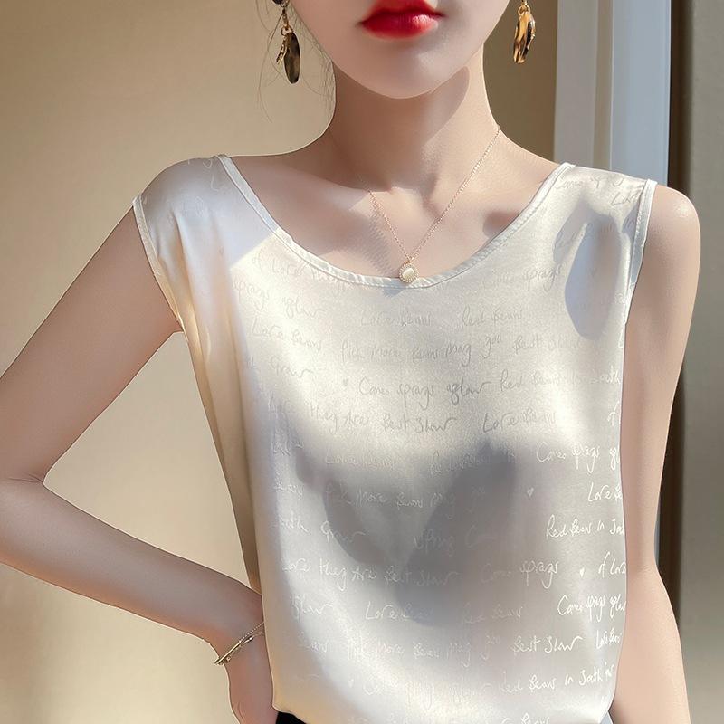 

Round Neck Letters Acetate Short-sleeved Summer New Style Fashionable Loose Versatile Slim Round Neck Sleeveless T-sleeved Top S білий