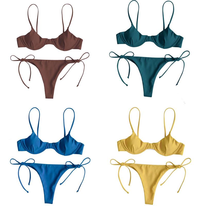 Women Split Swimsuit Set, Solid Color/Printed V-neck Bikini + Lace Up Panties for Summer