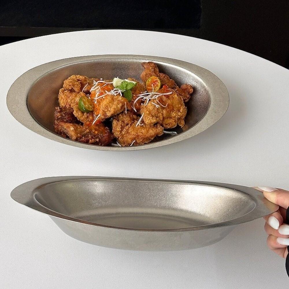 Stainless Steel Western Food Tray Oval Dessert Plate Metal Dinner Plate Outdoor Camping