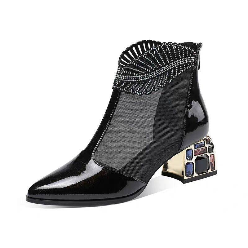 Fashion Women Crystal Lace Zip Mesh Pumps Woman High Heels Summer Female Shoes Classics Solid Platform Sandals Ladies Party Shoes 2024