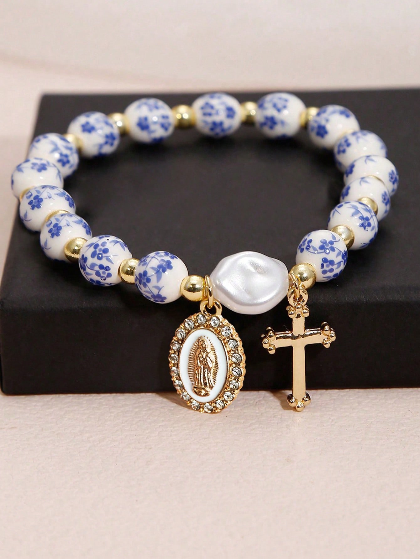 

Браслет из 1 штуки золотых бусин и имитации барочного жемчуга из нержавеющей стали с кулоном Девы Марии и крестом, христианский подарок one-size