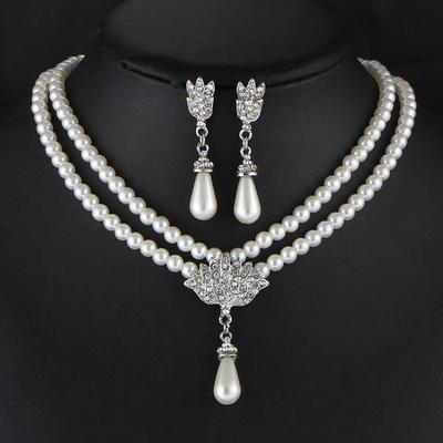 Europeisk og Amerikansk Brude Perle Krystall Diamant Halskjede og Øredobber Sett - Elegant Koreansk Stil
