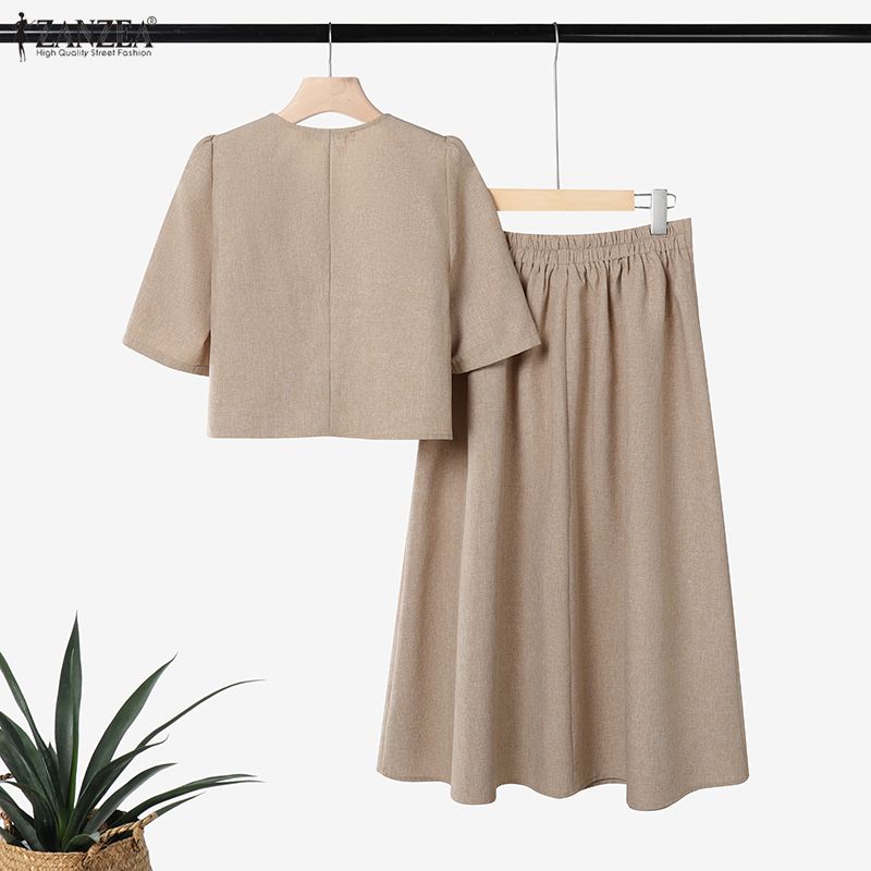 ZANZEA Women Short Sleeve Blouse and Long Skirts Casual Two Piece Suit Sets